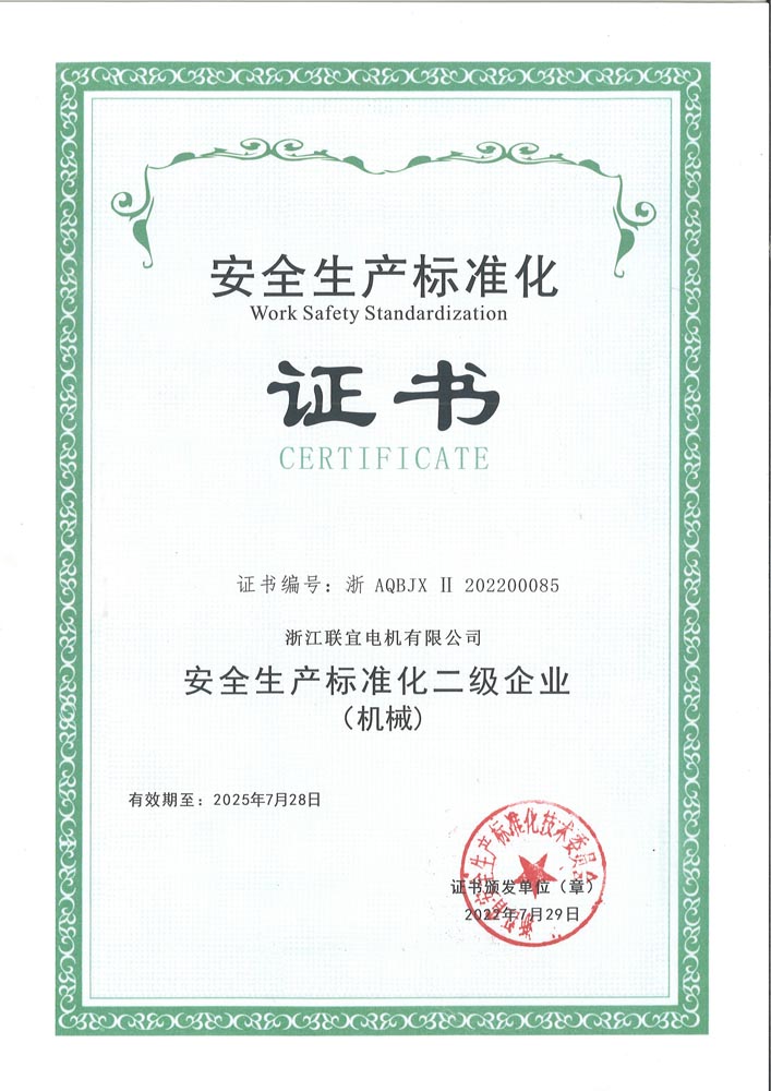 联宜电机二级标准化证书